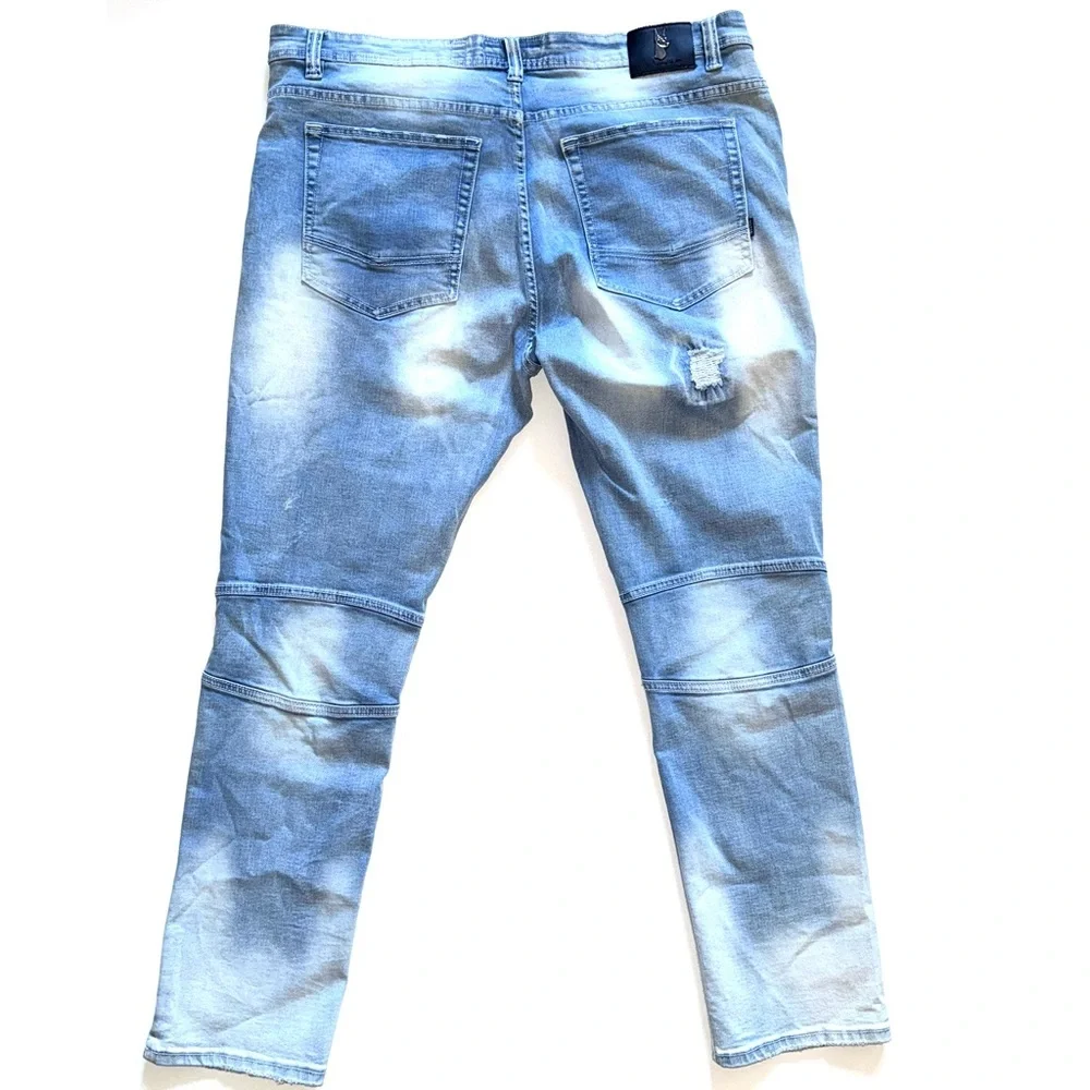 MAKOBI Prado Biker Jeans Light Wash Distressed Moto Rip & Repair Slim Fit 42x32